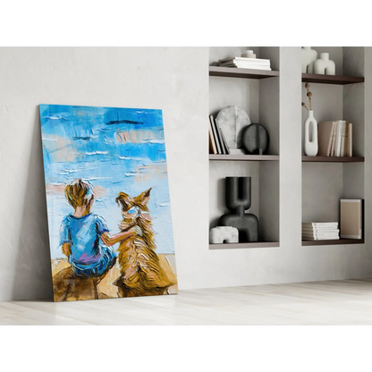 Vibrant boy and golden dog glass wall art canvas print