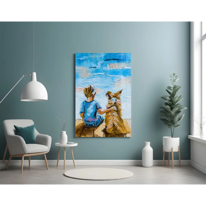 Vibrant boy and golden dog glass wall art canvas print