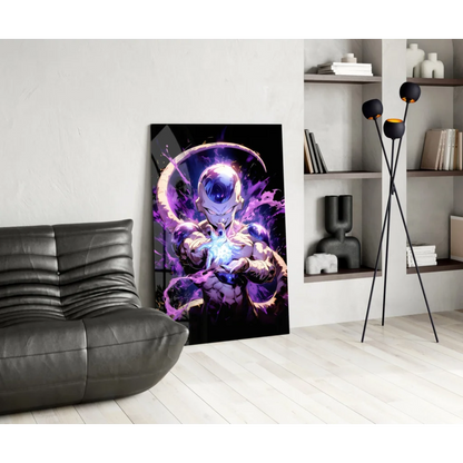 Vibrant Frieza Dragon Ball Z purple energy glow glass wall art poster