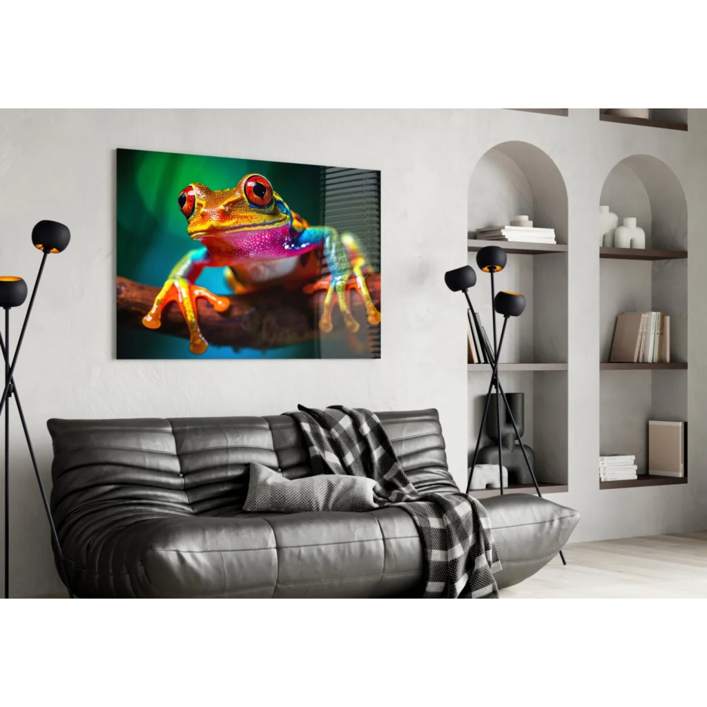 Vibrant iridescent red-eyed tree frog glass wall art canvas print