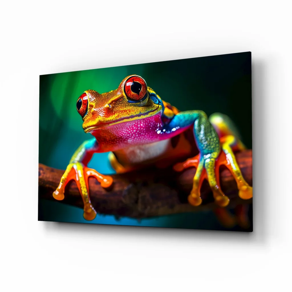 Iridescent red eyed tree frog glass wall art canvas print