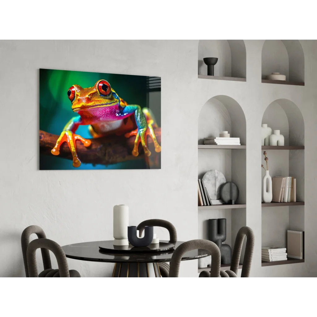 Vibrant red-eyed tree frog glass wall art in modern dining room