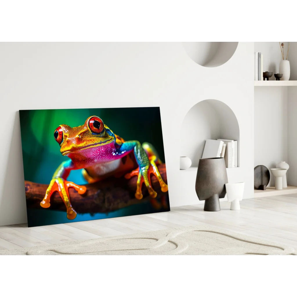 Iridescent red eyed tree frog glass wall art canvas print