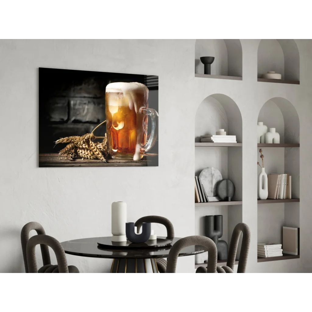 Frothy beer mug glass wall art with wheat and wood background