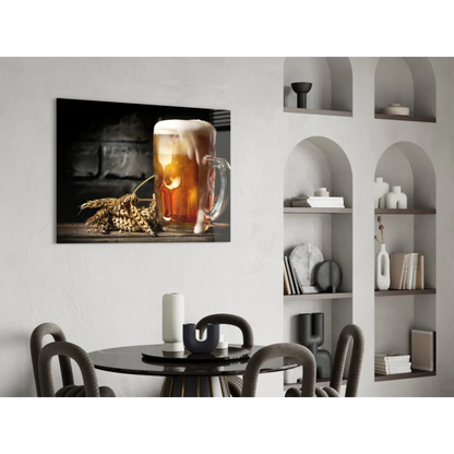 Frothy beer mug glass wall art with wheat and wood background