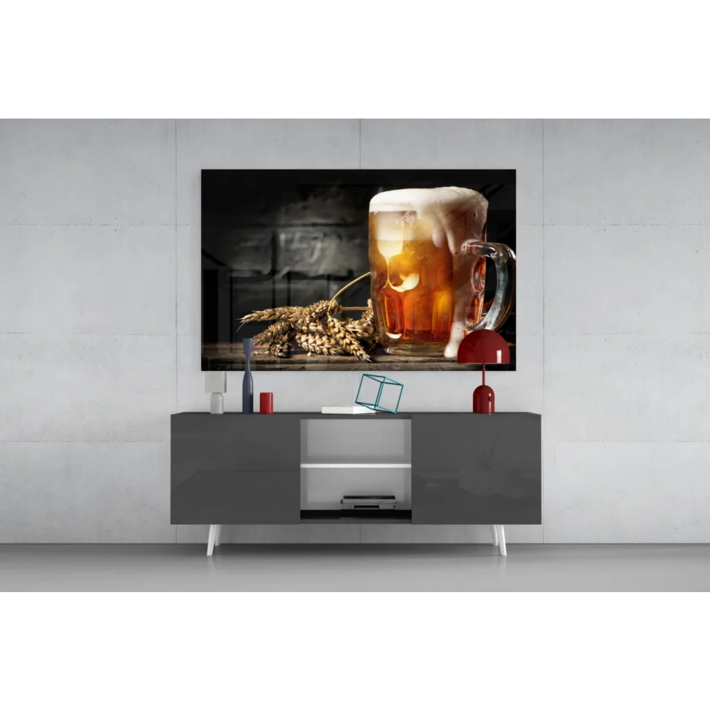 4K UHD TV in black frame showing frothy beer mug glass wall art