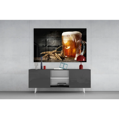 4K UHD TV in black frame showing frothy beer mug glass wall art
