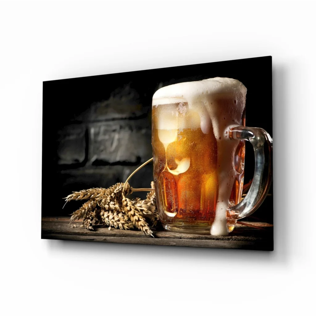 Frothy beer mug in clear glass wall art with wheat and wood background