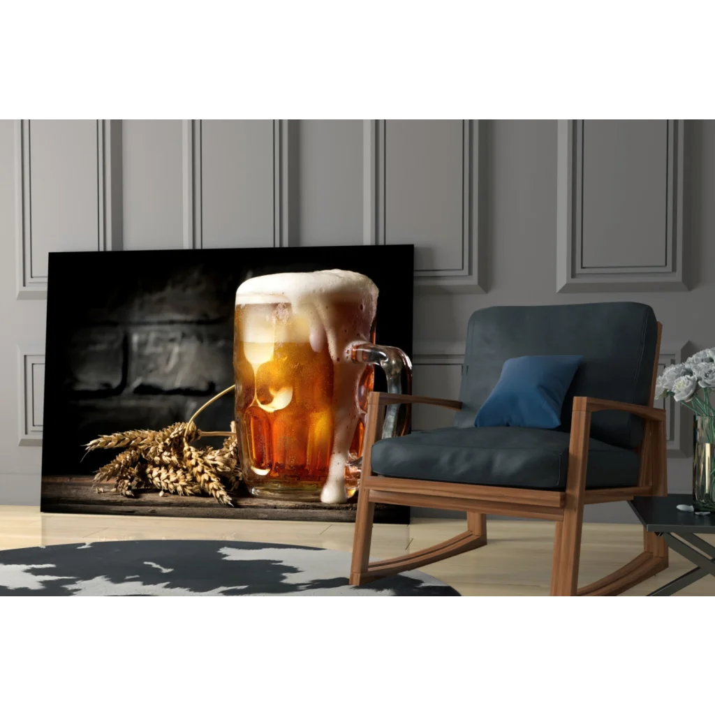 Frothy beer mug glass wall art with wheat and wood background