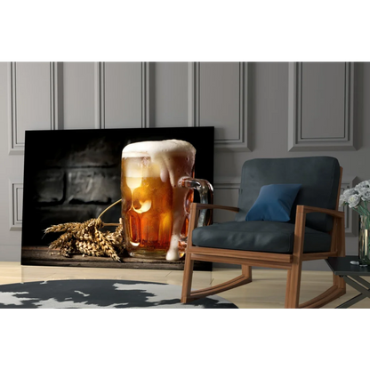 Frothy beer mug glass wall art with wheat and wood background
