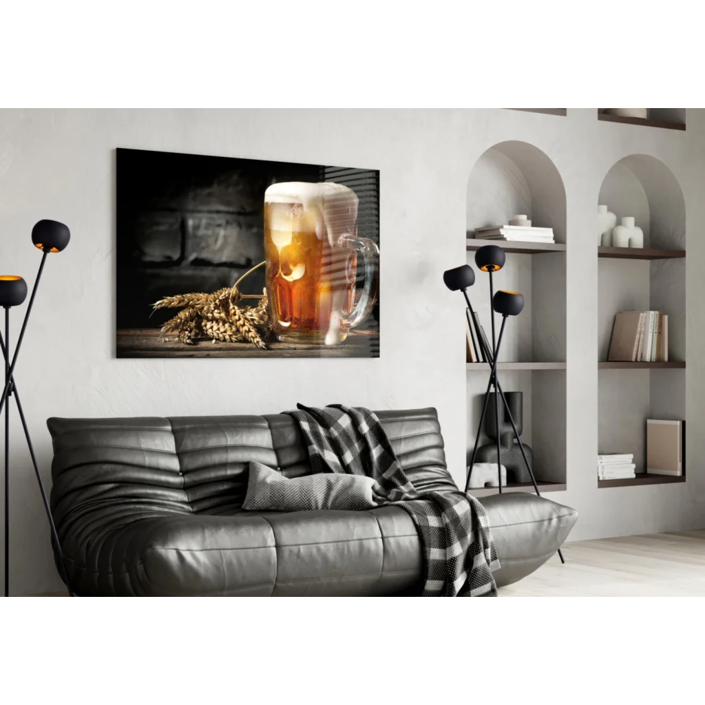 Frothy beer mug glass wall art with wheat on wood background