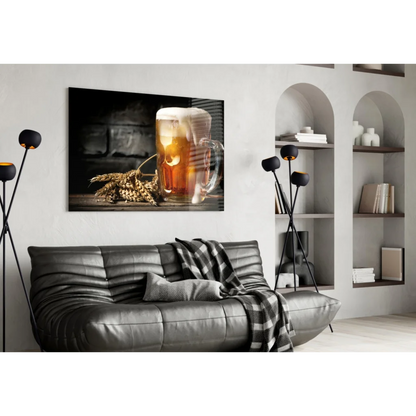 Frothy beer mug glass wall art with wheat on wood background