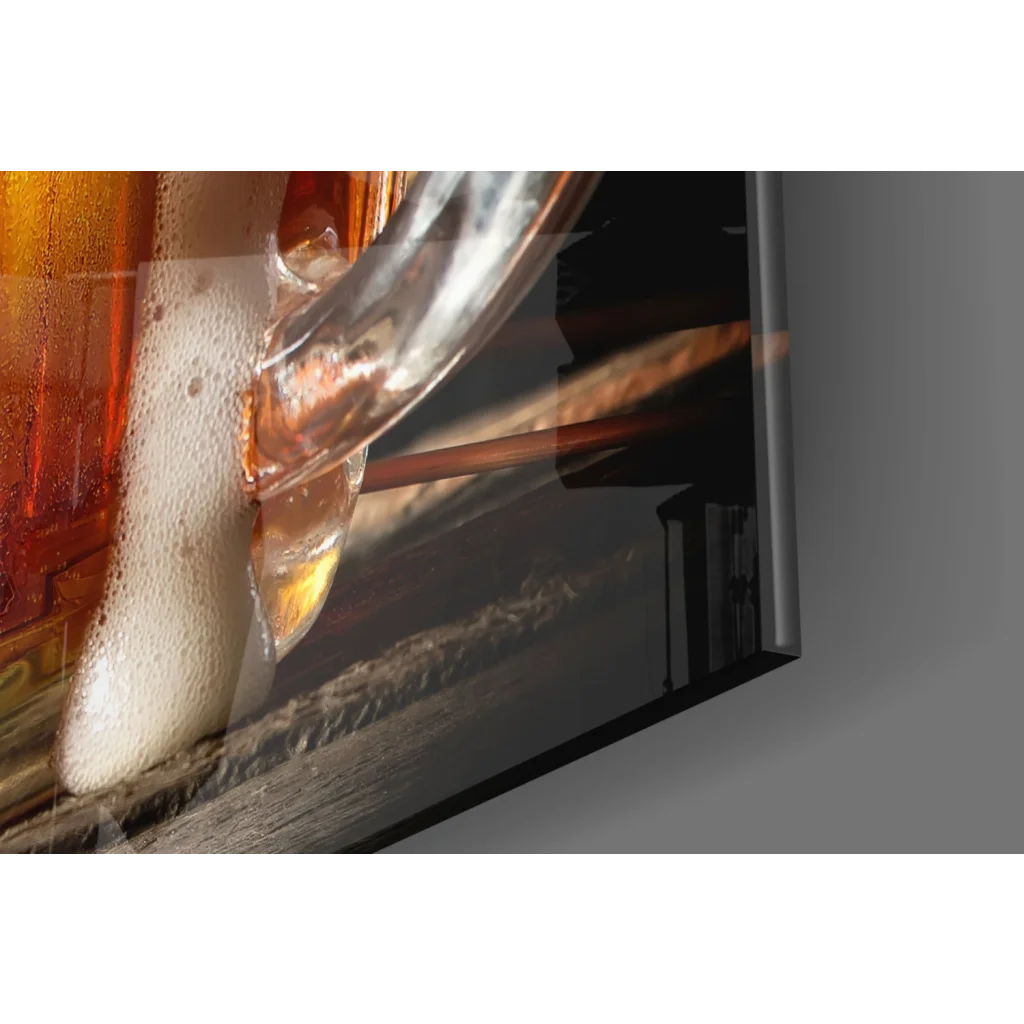Frothy beer pour close-up in glass wall art with wheat wood background