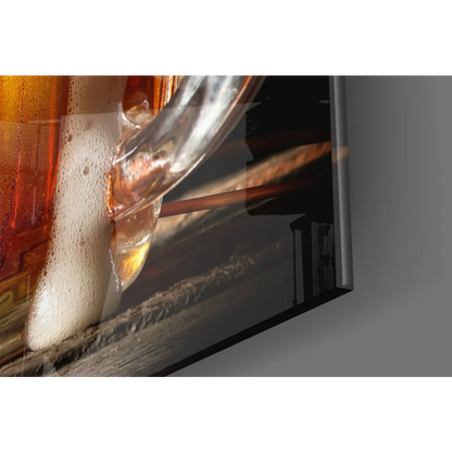 Frothy beer pour close-up in glass wall art with wheat wood background