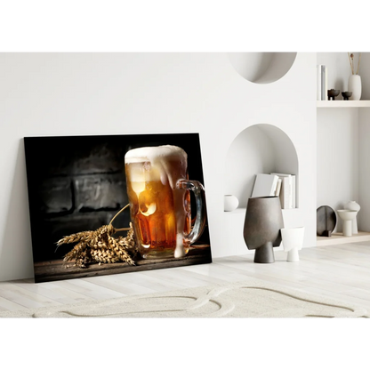 Frothy beer mug with wheat ears on wooden background glass wall art