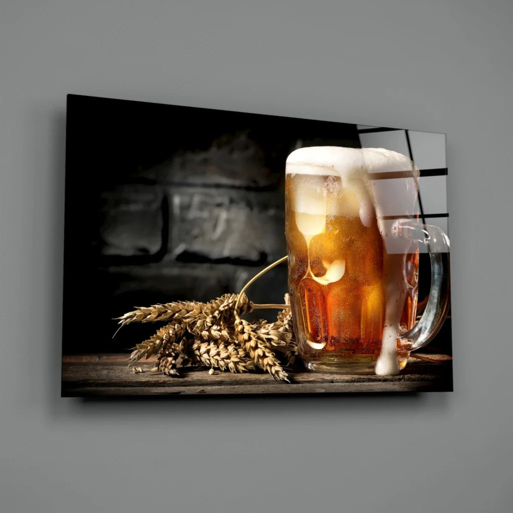 Frothy beer mug in clear glass wall art with wheat and wood background