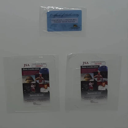 Signed Frozen movie poster by Idina Menzel and Kristen Bell with JSA authenticated baseball card set