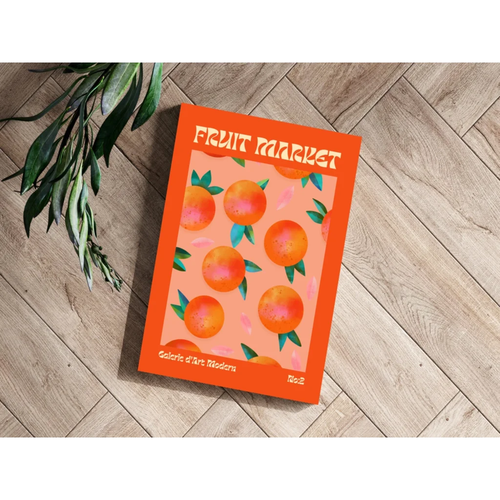 Vibrant Fruit Market magazine cover with oranges and leaves on aluminum print