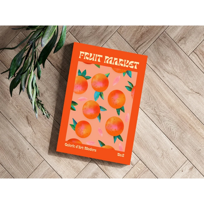Vibrant Fruit Market magazine cover with oranges and leaves on aluminum print