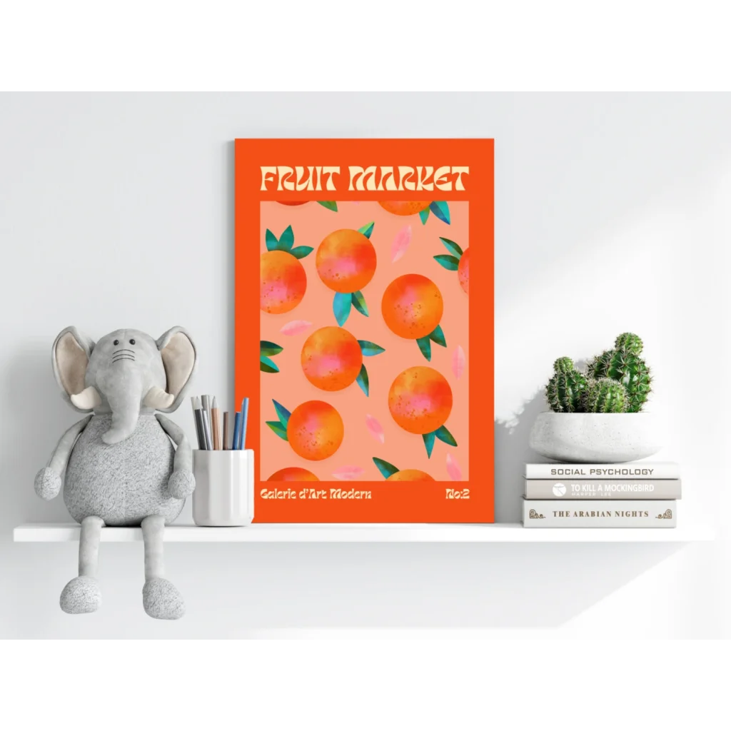 Vibrant retro orange fruit poster on Fruit Market Orange Grove aluminum print
