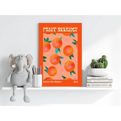 Vibrant retro orange fruit poster on Fruit Market Orange Grove aluminum print