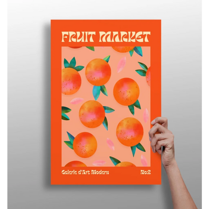 Vibrant orange Fruit Market Orange Grove aluminum print with illustrated oranges and leaves