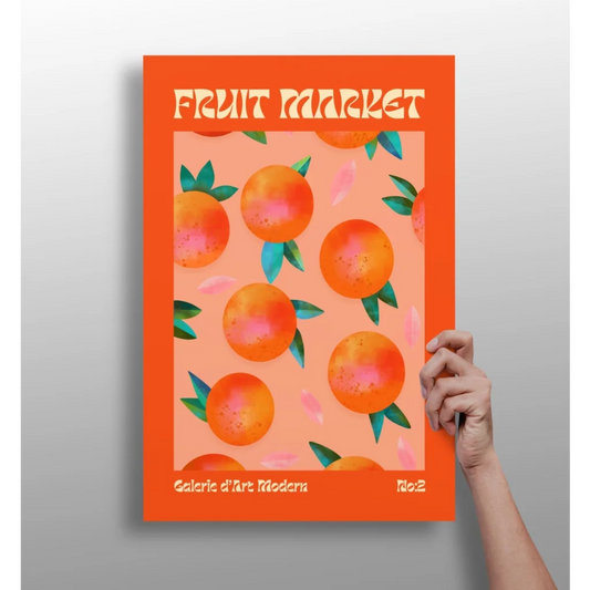 Vibrant orange Fruit Market Orange Grove aluminum print with illustrated oranges and leaves