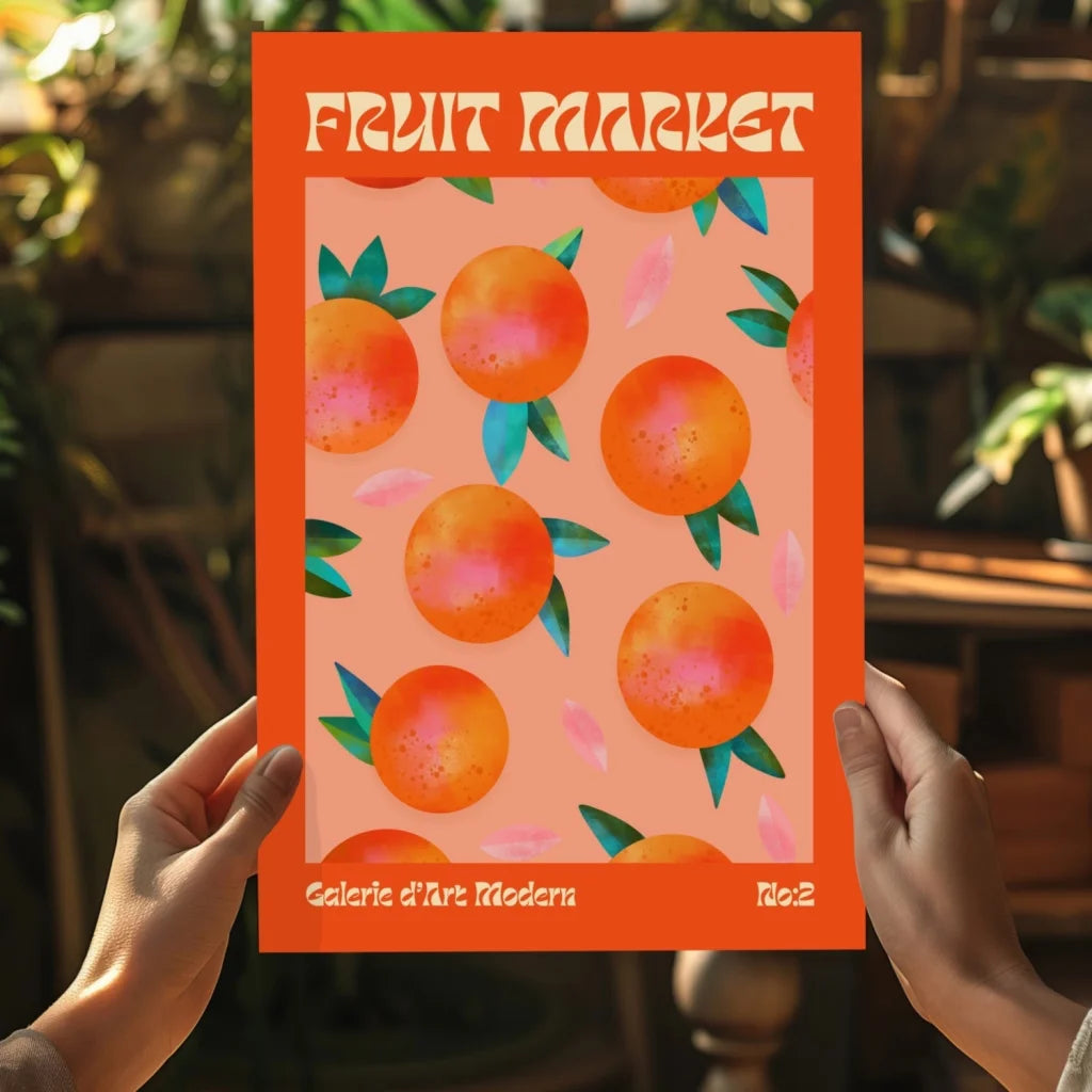 Vibrant orange Fruit Market Orange Grove aluminum print with playful peach illustrations