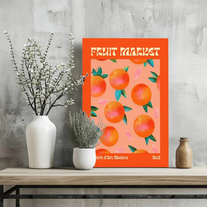 Vibrant orange Fruit Market poster with illustrated peaches on aluminum print art