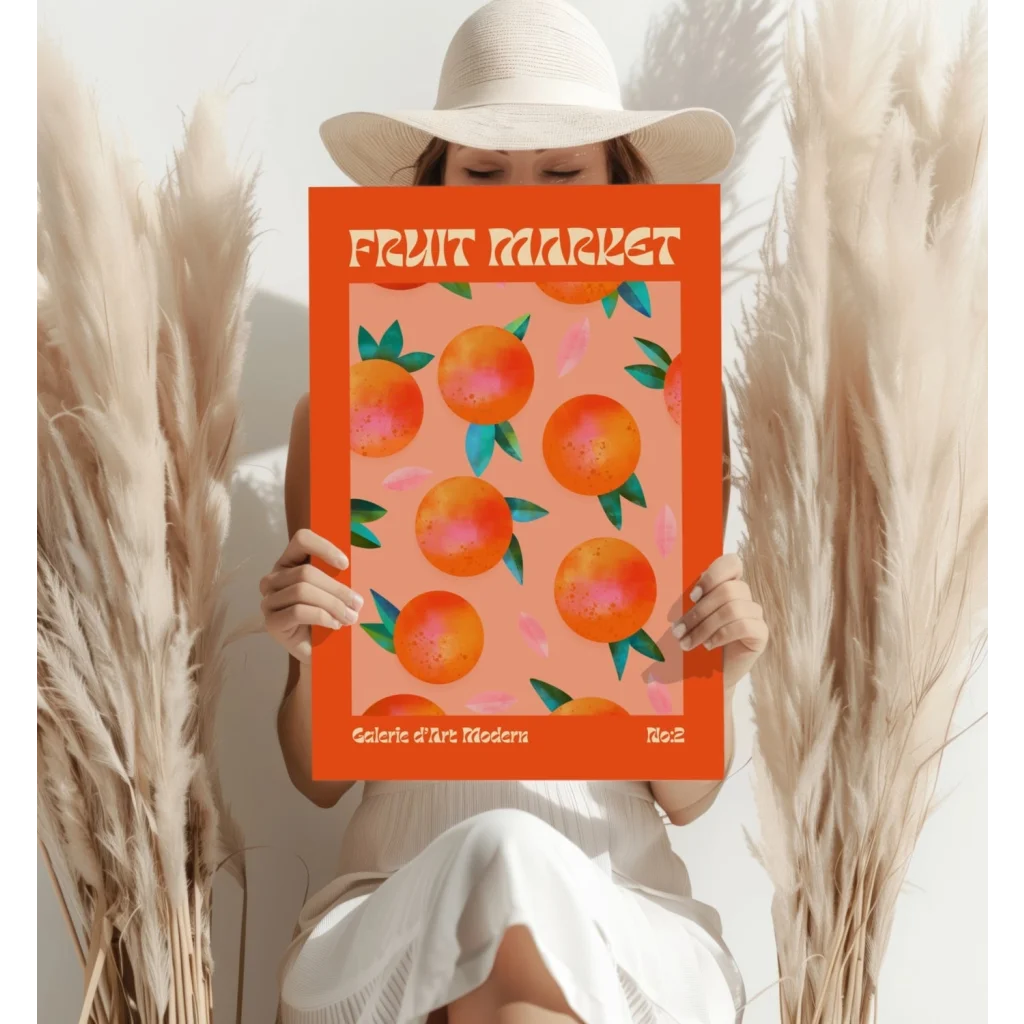 Vibrant orange Fruit Market Orange Grove aluminum print with illustrated oranges and bold borders