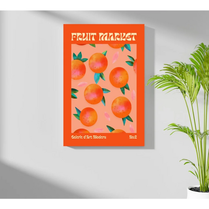 Vibrant orange Fruit Market Orange Grove aluminum print with playful peaches
