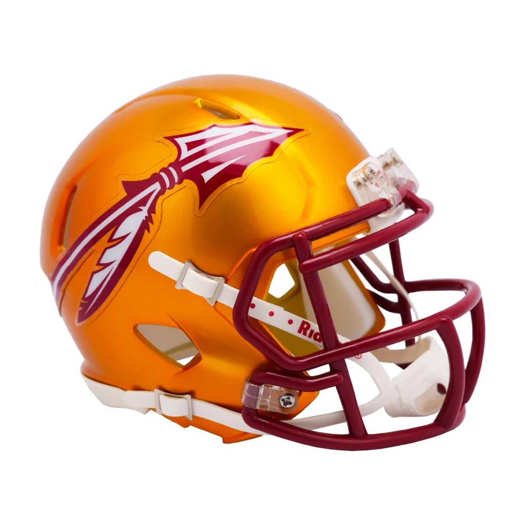 FSU Flash Alternate Speed mini football helmet by Riddell, gold and maroon with Native American design
