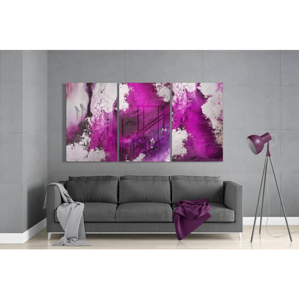 Vibrant magenta and white glass wall art triptych set