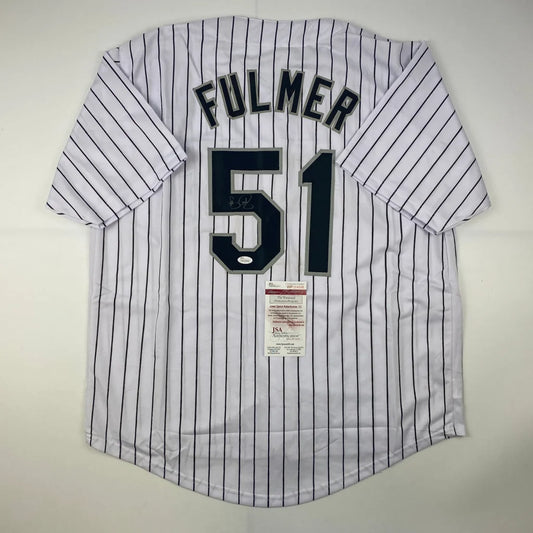 White pinstriped custom jersey with Fulmer 51 autographed for sports collectors