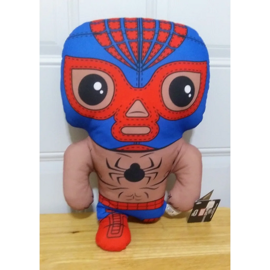 Funko Plush Lucha Libre Spider-Man toy with red blue mask black eyes white teeth