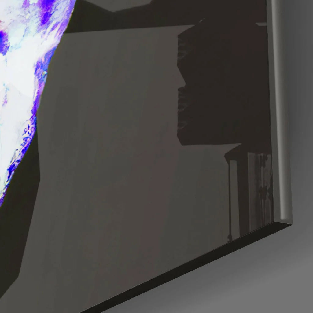 3D printed purple and white planet in funky French Bulldog glass wall art