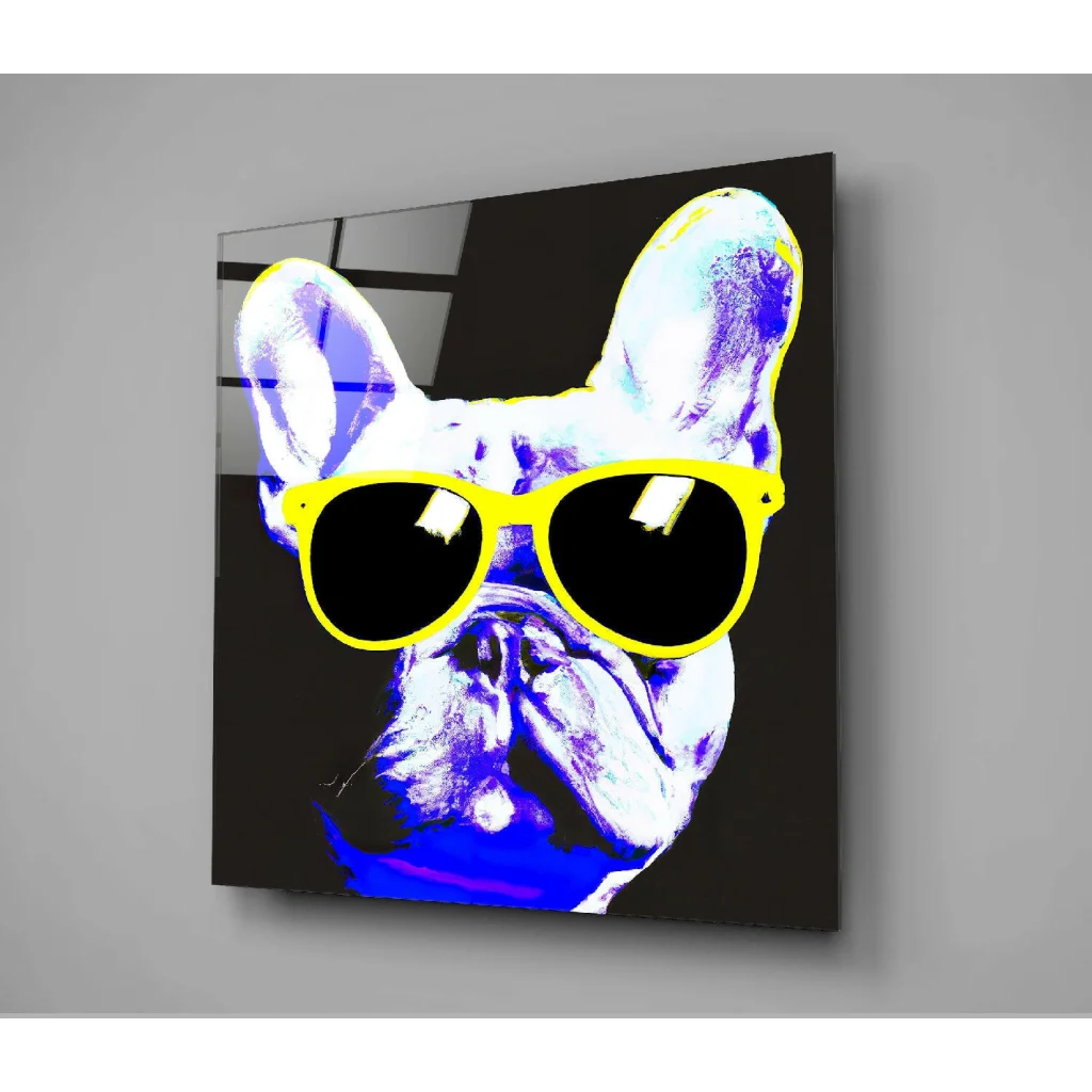 Funky blue and white French Bulldog in yellow sunglasses on purple planet glass wall art