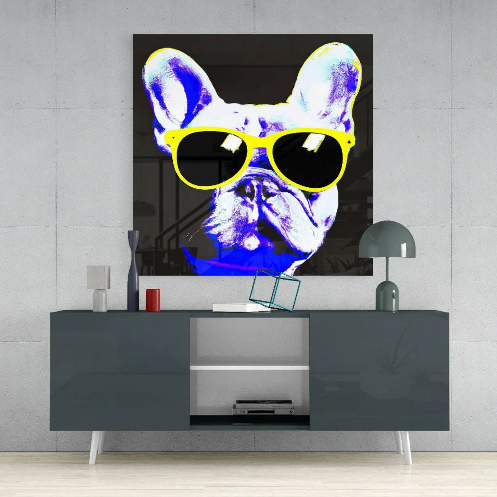 Funky French Bulldog yellow sunglasses glass wall art with purple planet