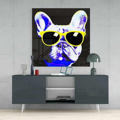 Funky French Bulldog yellow sunglasses glass wall art with purple planet