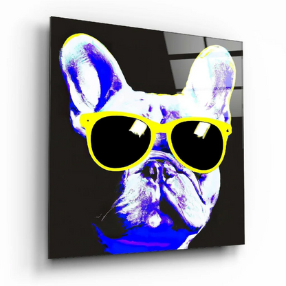 Funky French Bulldog glass wall art with yellow-framed sunglasses and purple planet