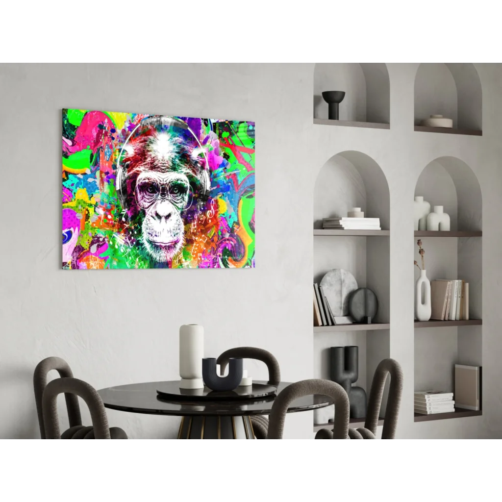 Vibrant funky monkey wall art canvas with headphones and graffiti style