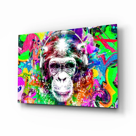 Vibrant funky monkey wall art with headphones and graffiti style