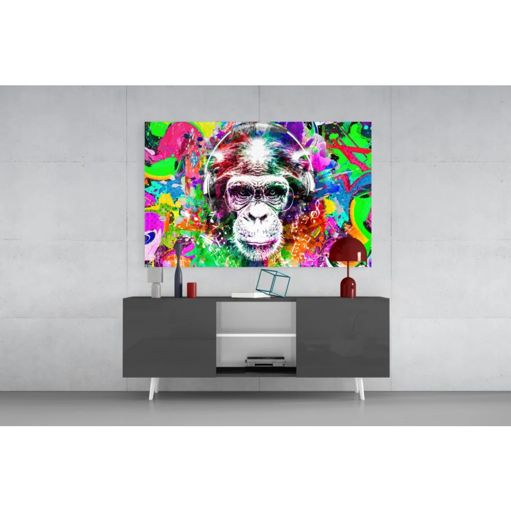 Funky monkey wall art with sunglasses, headphones and graffiti style