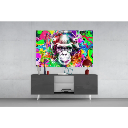 Funky monkey wall art with sunglasses, headphones and graffiti style