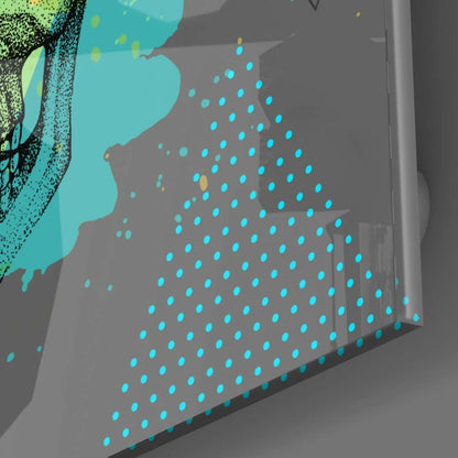 Funky skull glass wall art with blue polka dot shower curtain vibe