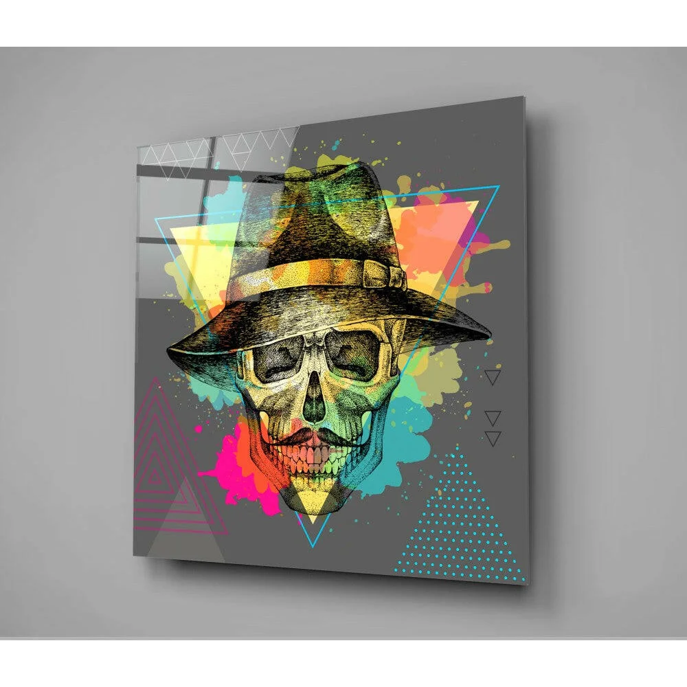 Funky skull glass wall art with colorful hat and sunglasses
