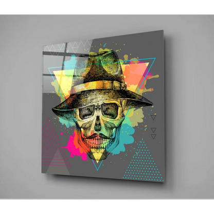 Funky skull glass wall art with colorful hat and sunglasses