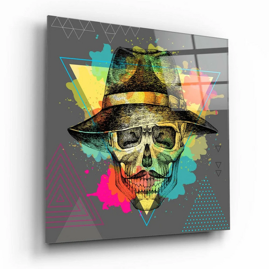 Funky multi-colored skull with hat and mustache on glass wall art