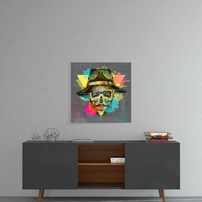 Funky skull glass wall art with neon fedora, sunglasses on metallic vibe
