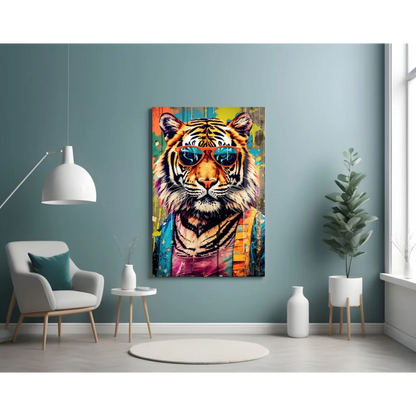 Funky Tiger in Shades colorful canvas wall art print with sunglasses and scarf